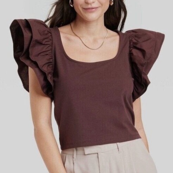 A NEW DAY Brown Ruffle Sleeve Top. Size M - Picture 1 of 6